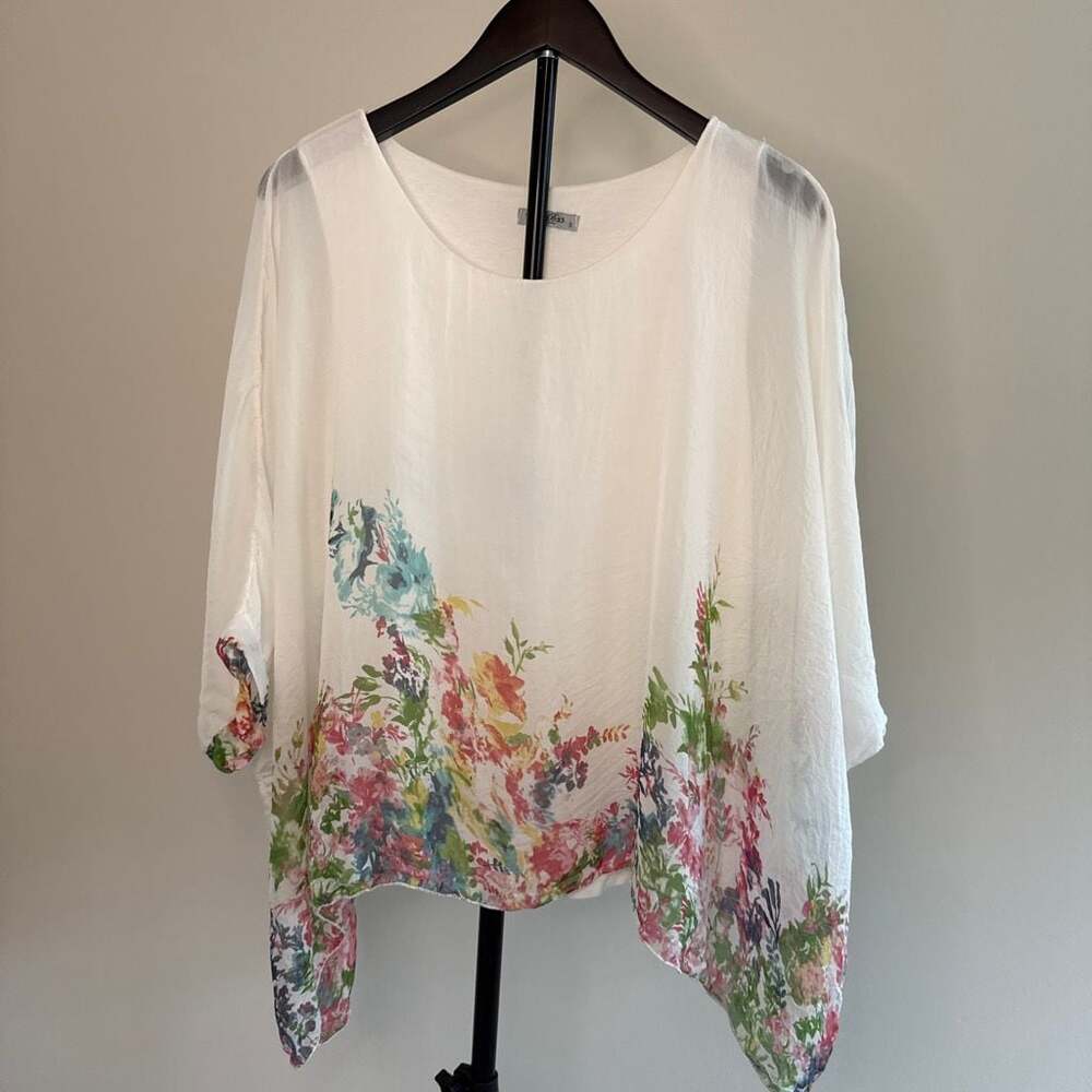 100% Silk Elena Baldi Italian Made Floral Print Layered Poncho Top-S